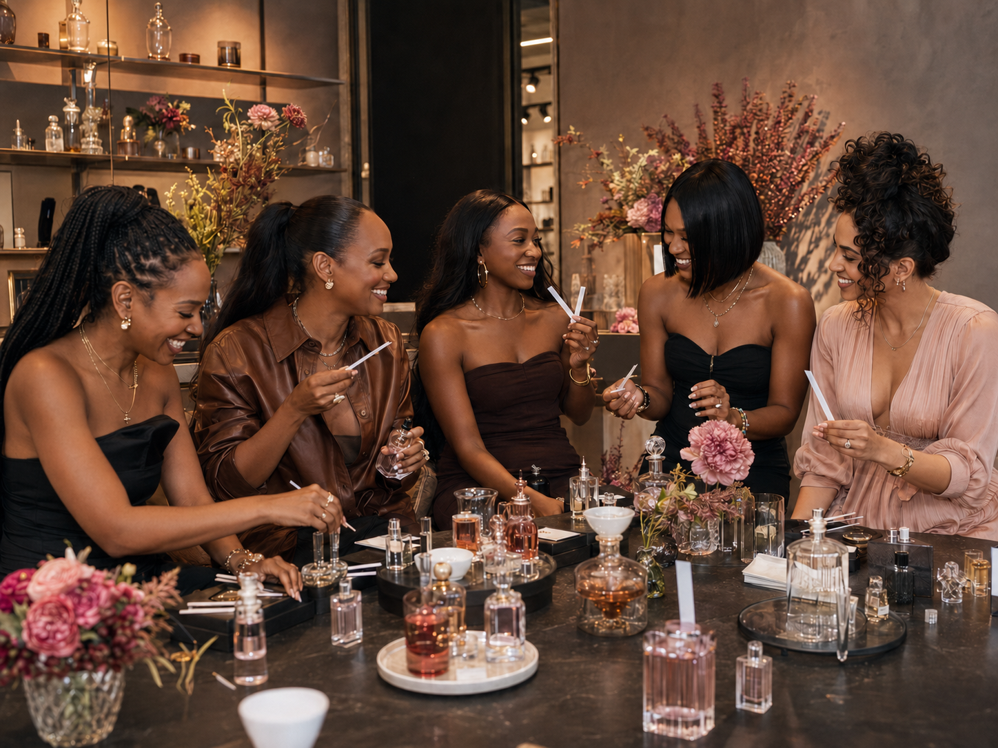 A stylish, diverse group of women connecting at a Pink Table Society event