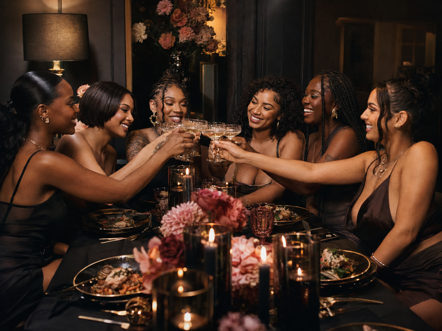 A diverse group of women connecting over an elegant members-only dinner