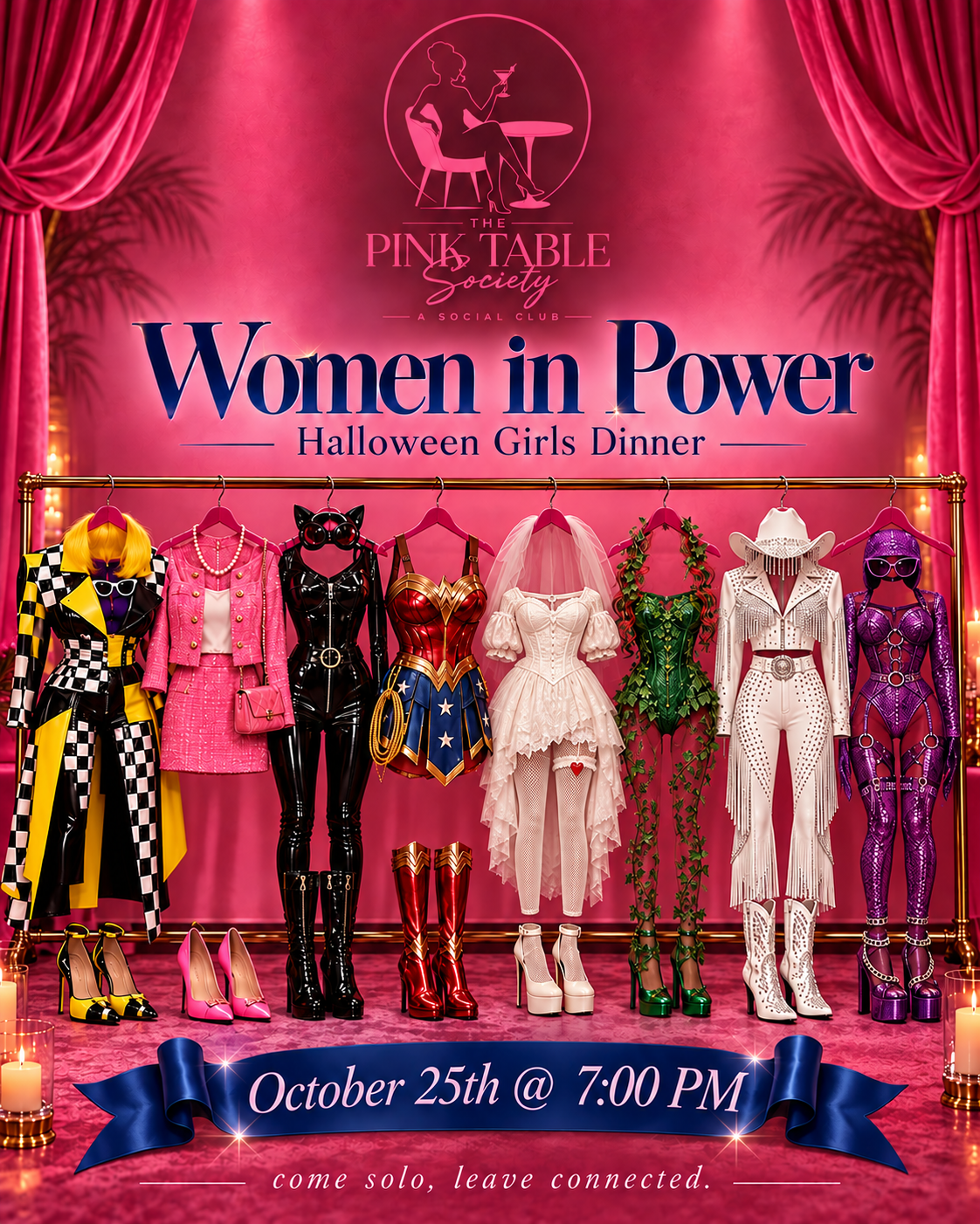 Public Women in Power Halloween Costume Dinner flyer for October 25 at 7 PM. Event details unlock after RSVP.